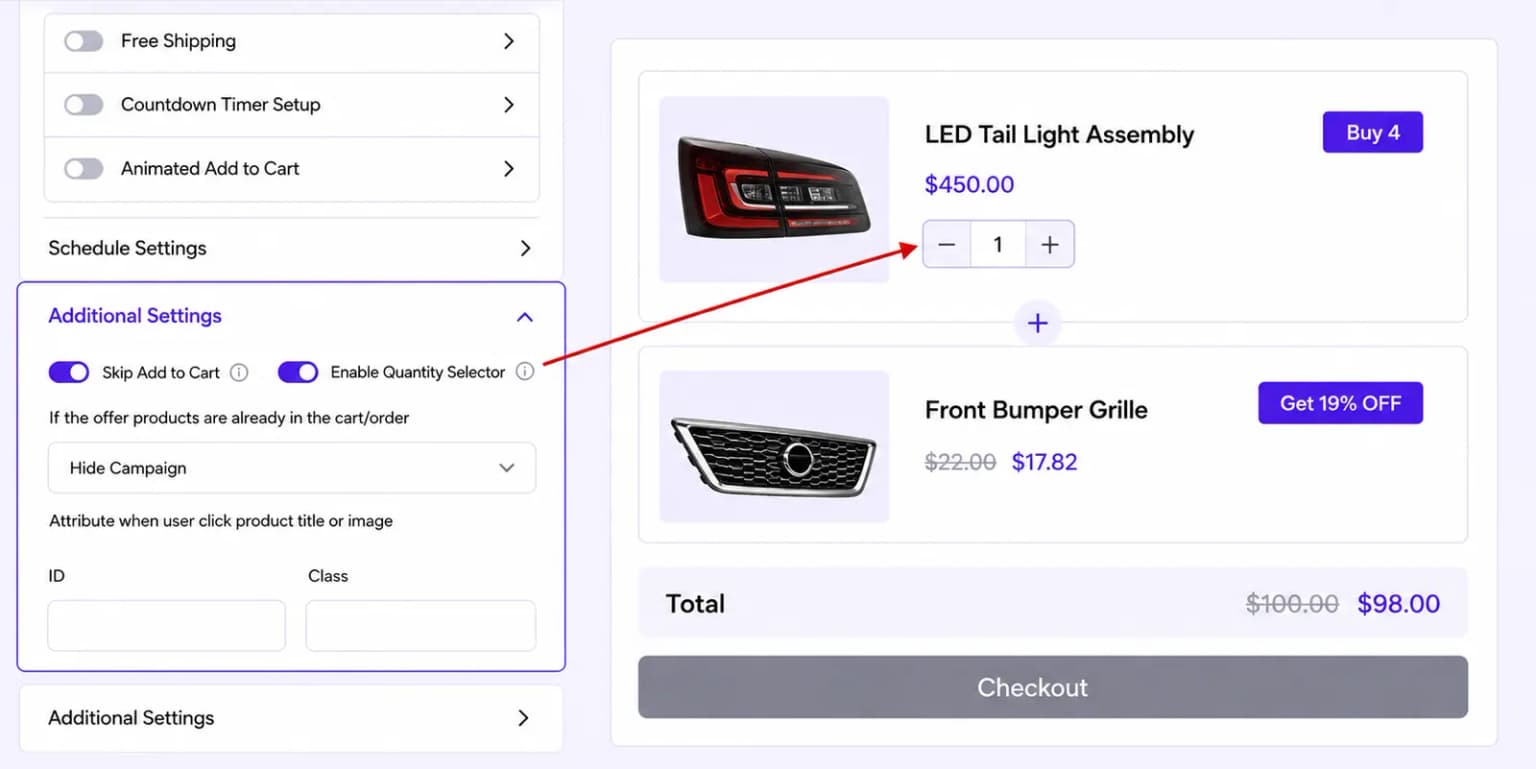 Additional Settings, quantity selector and cart behavior toggles