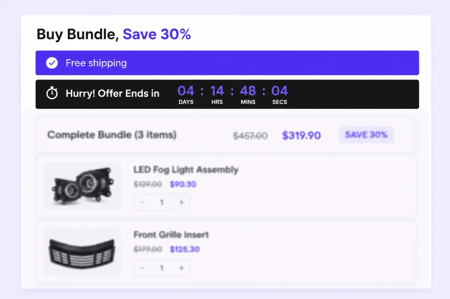 FOMO bar with free shipping and countdown timer on a bundle