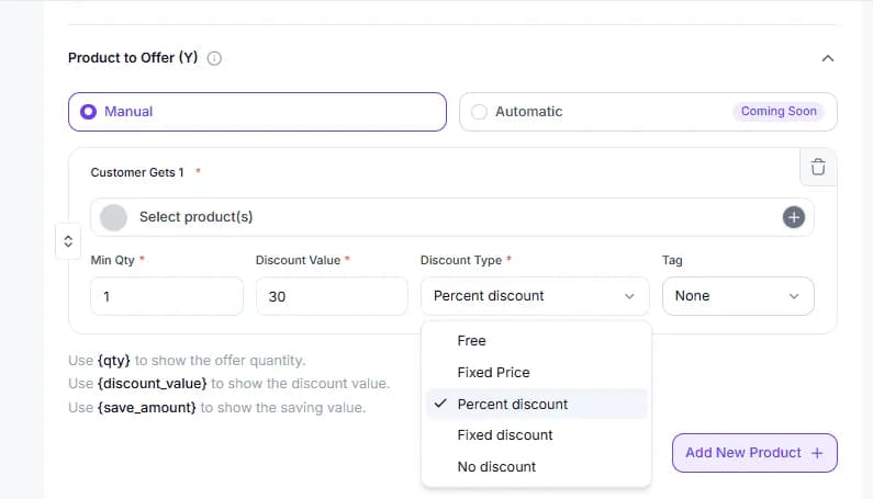 Discount type selector toggling between free and discounted offer
