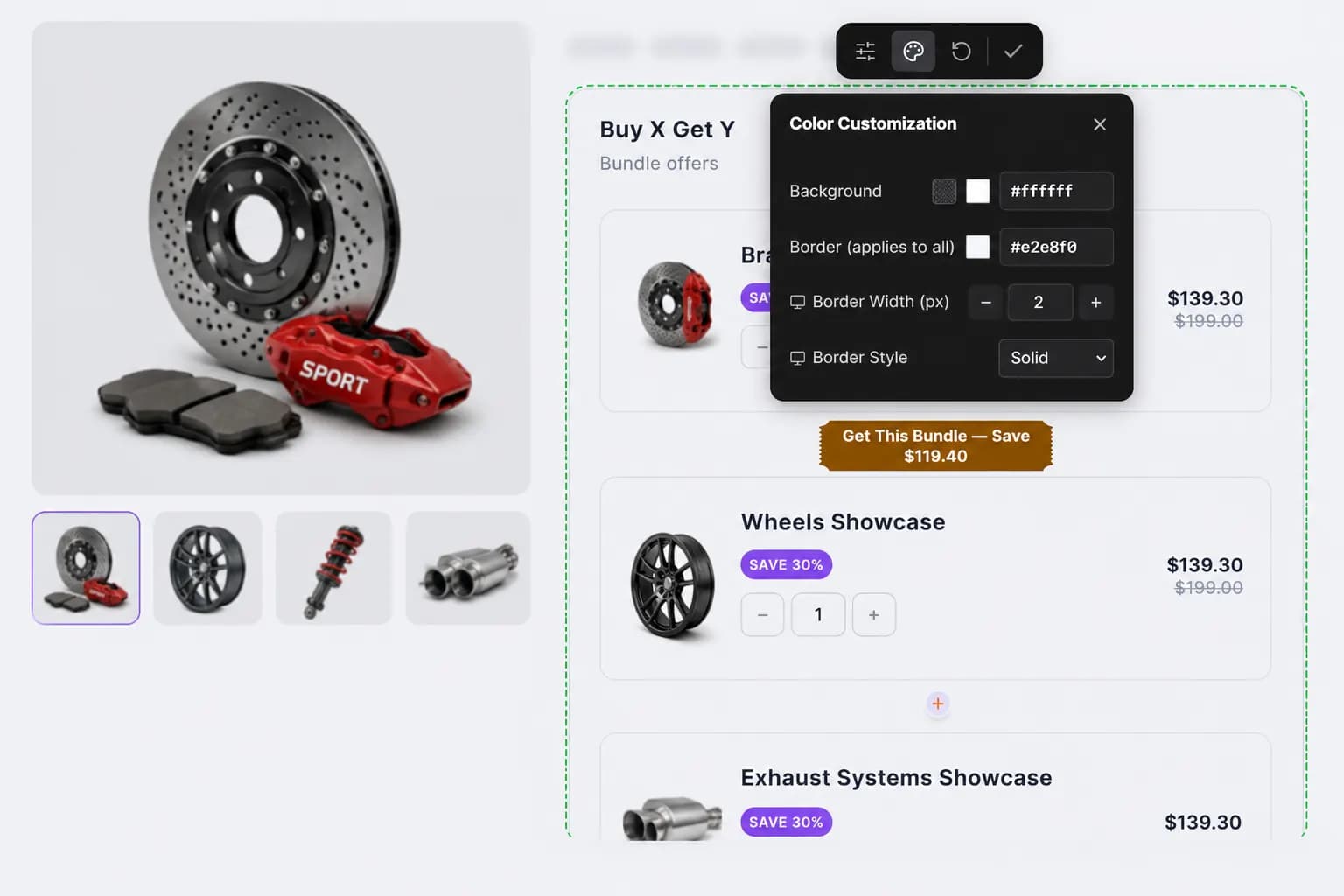 Live storefront preview with color customization panel for the bundle widget