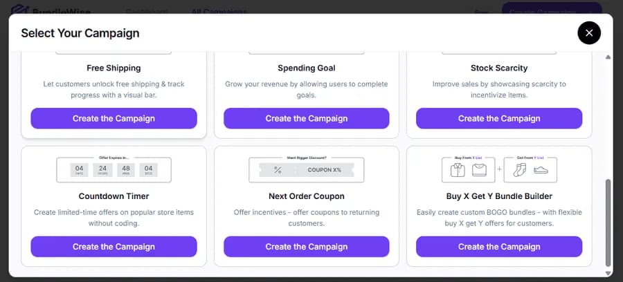 The twelve campaign types in Select Your Campaign