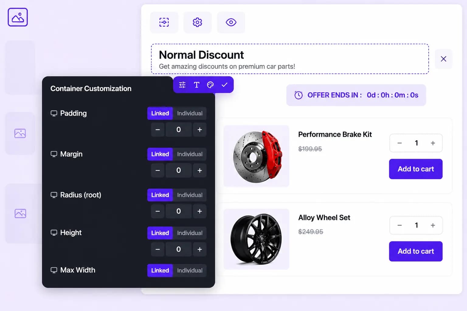 Container customization, padding, margin, radius, and max width