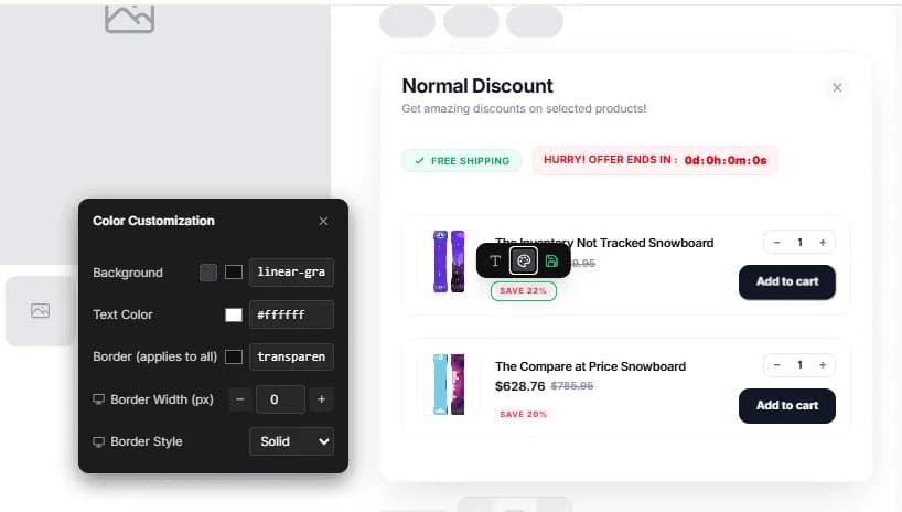 Color customization panel in the live preview