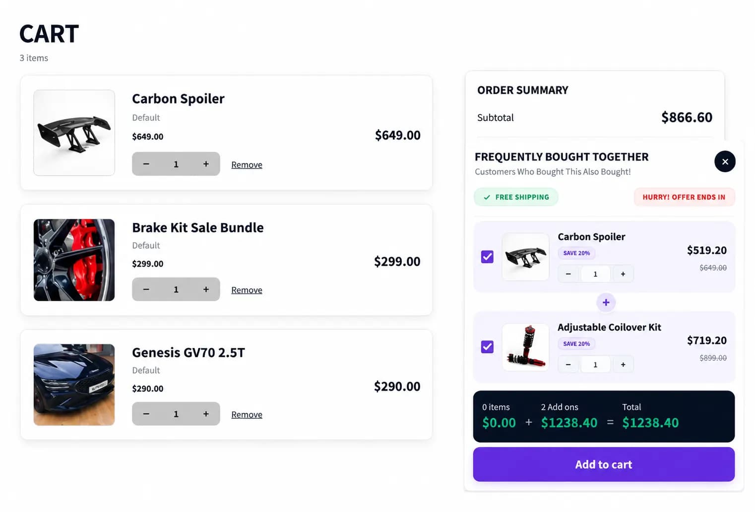 Cart page with Frequently Bought Together bundle suggestions