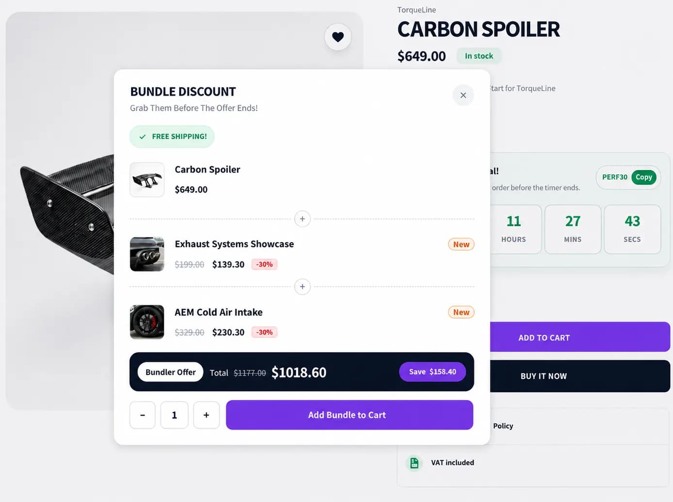 Product page bundle preview showing Buy Bundle Save 30% with countdown timer