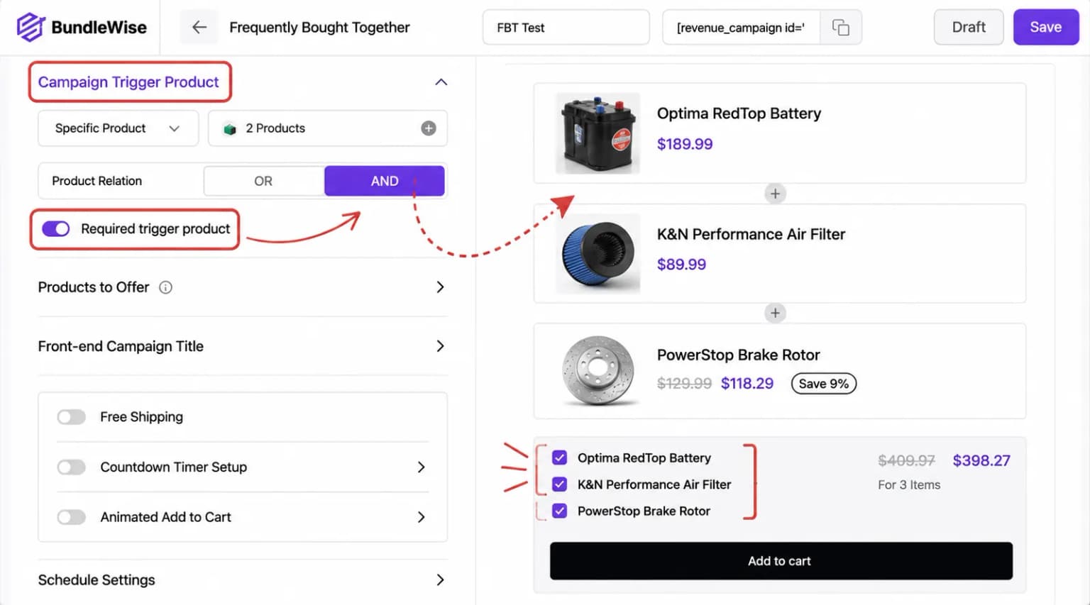 AND relation, all main products must be added for the offer