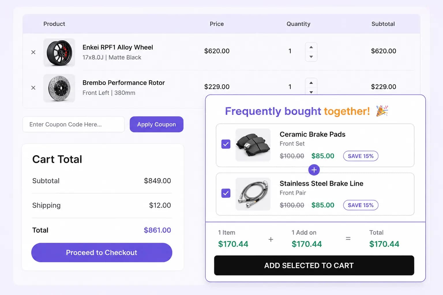Cart page with frequently bought together suggestions