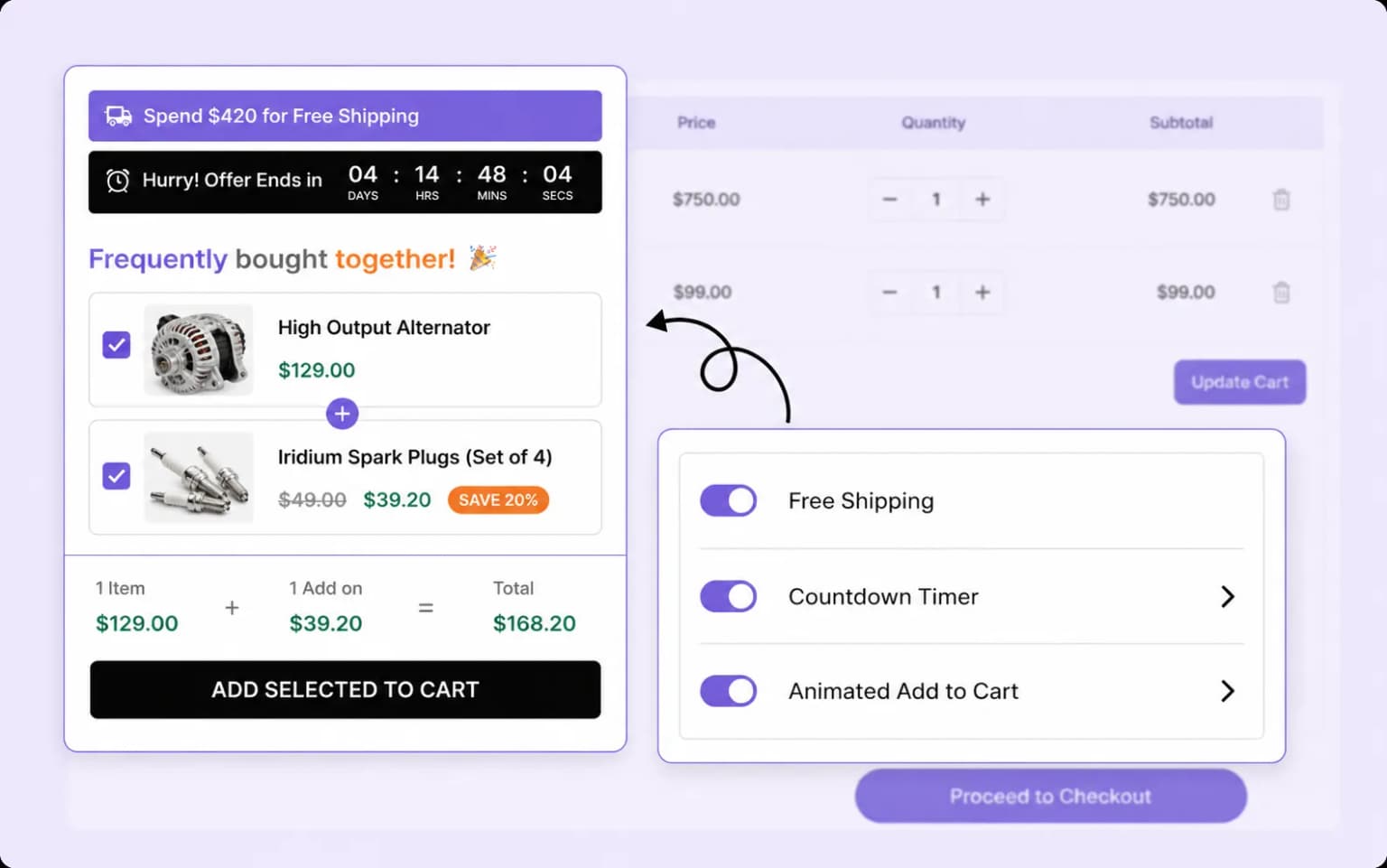 FOMO toggles for free shipping, countdown timer, and animated add to cart