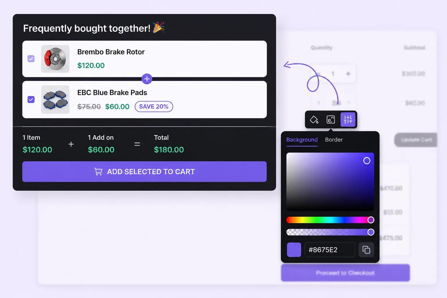 Color picker customizing the design of a frequently bought together widget