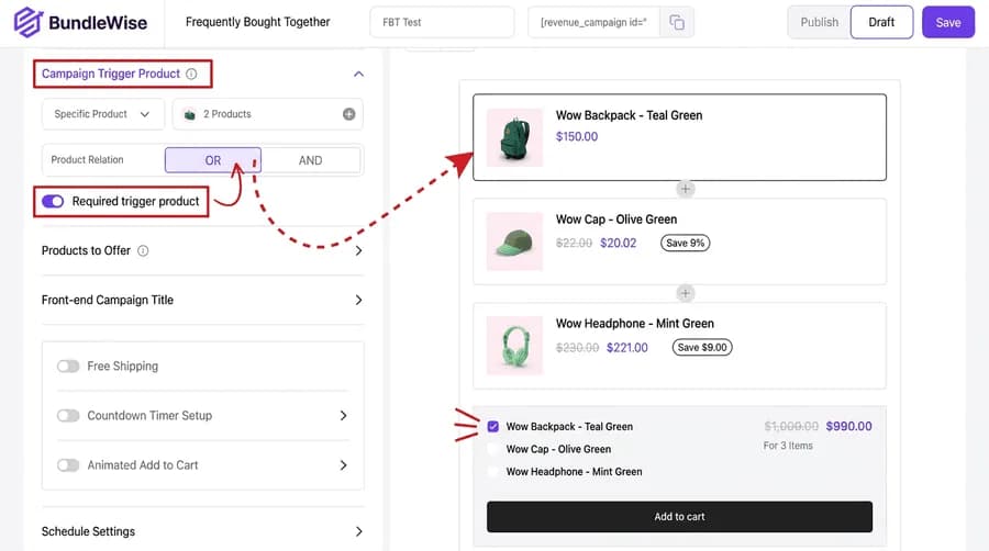 OR relation, only the main product from the current page must be added