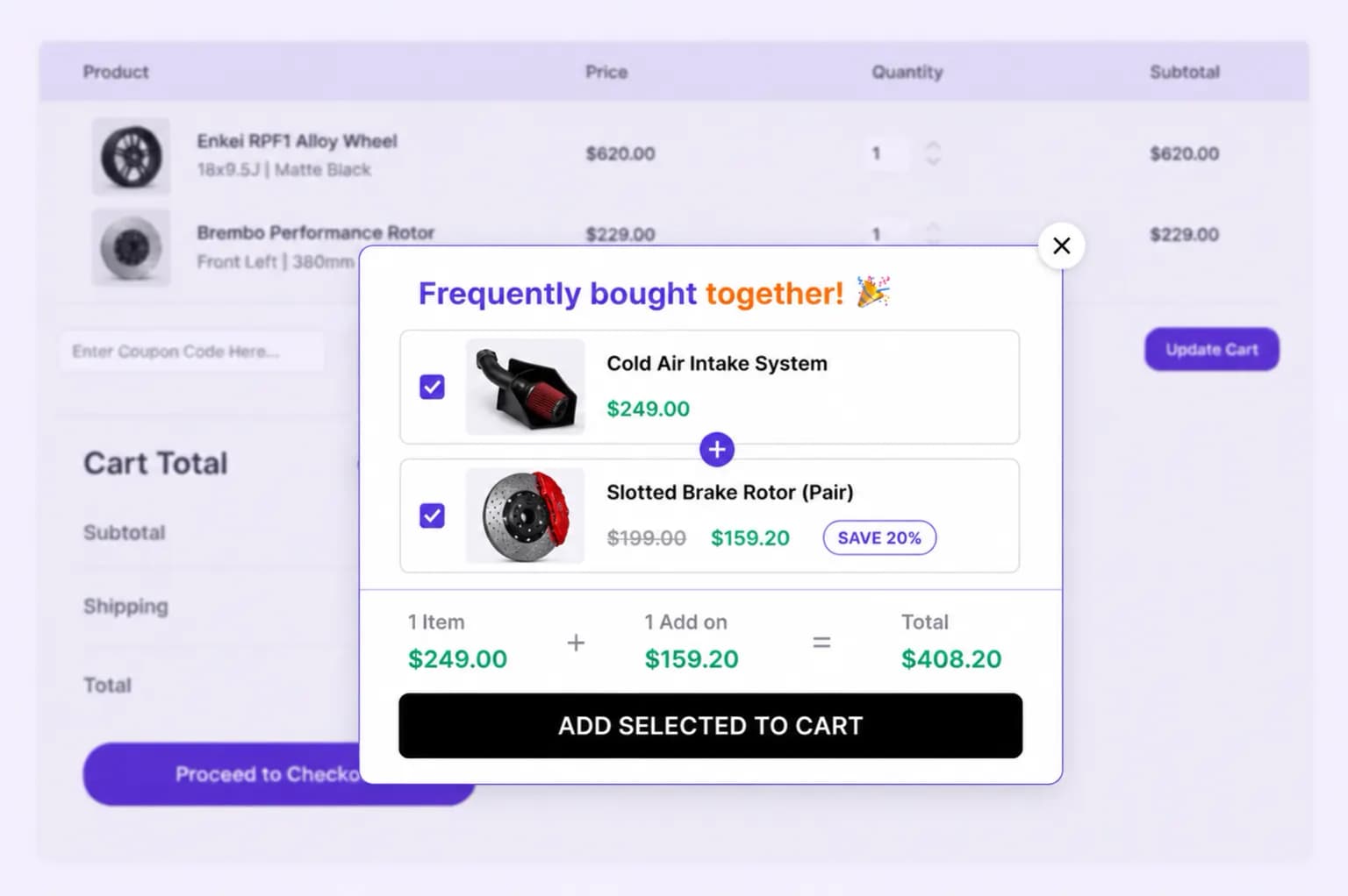 Popup Frequently Bought Together overlay on a Shopify storefront