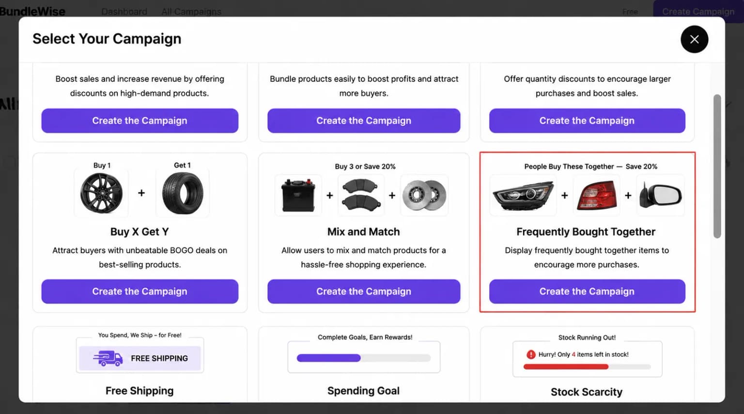 Select Your Campaign modal with Frequently Bought Together