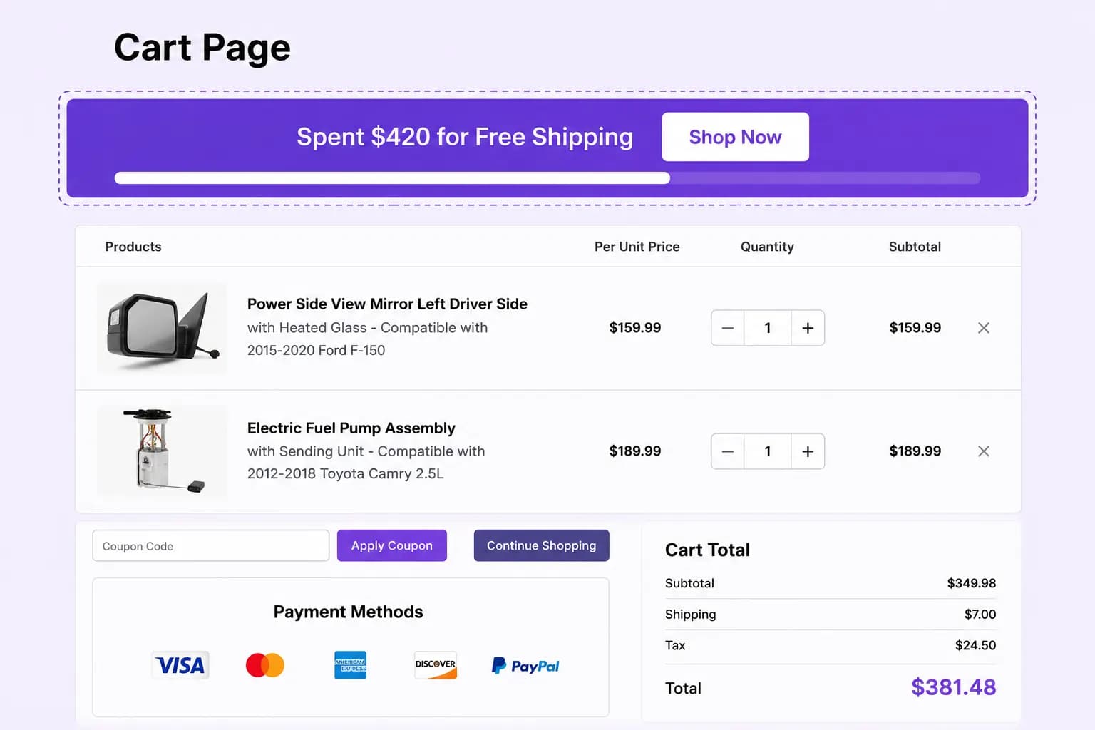 Free shipping progress on cart page