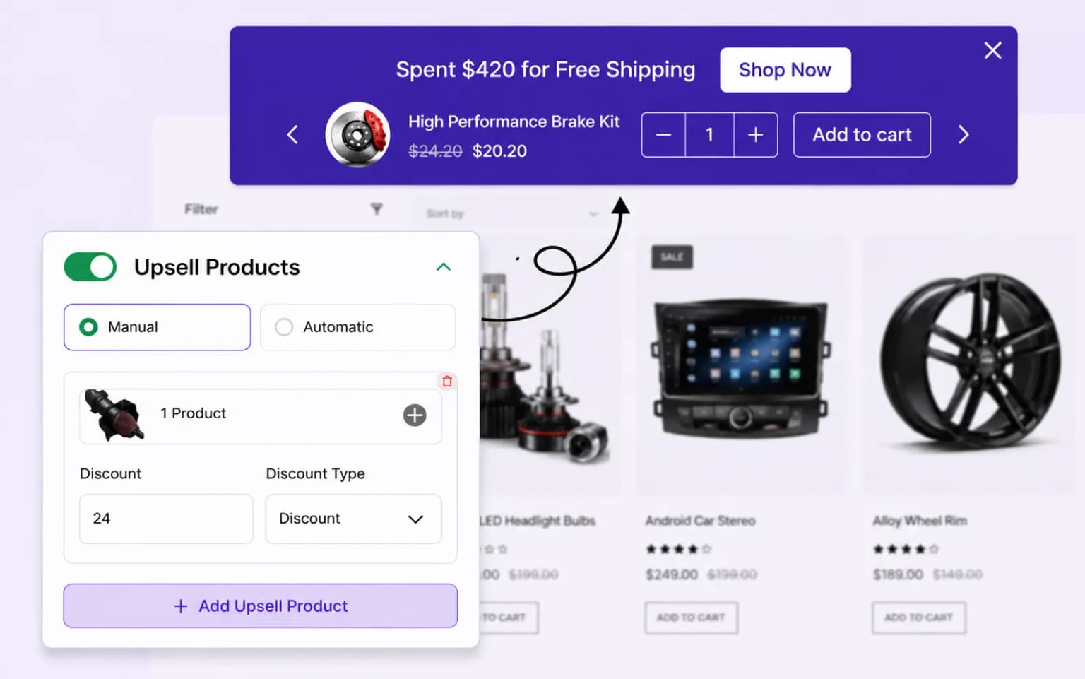 Upsell products with discounts on the free shipping bar