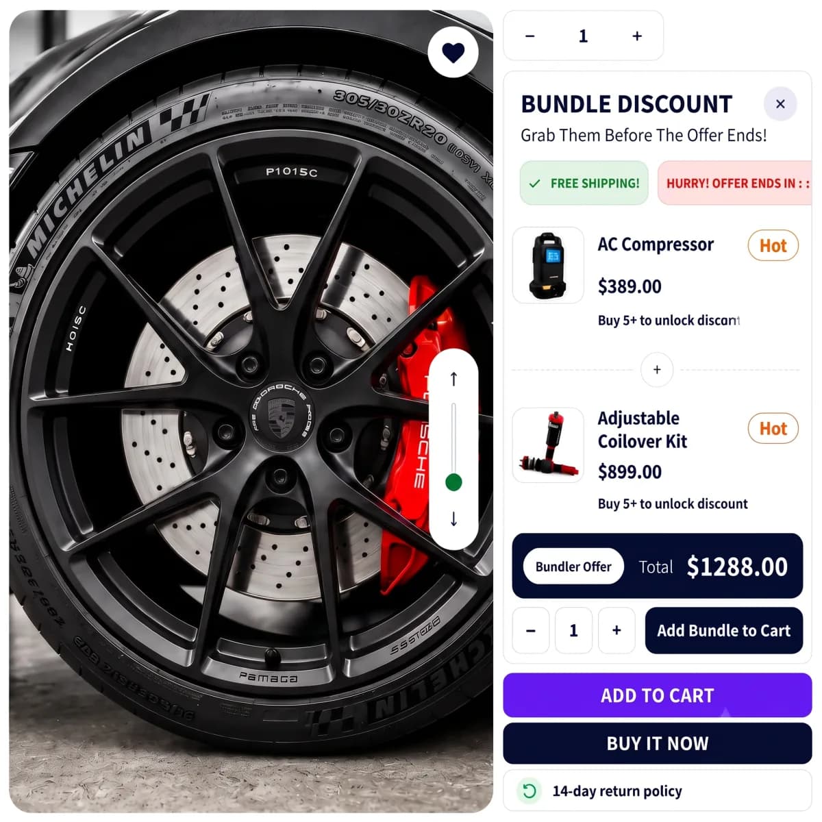 Shopify product bundle discount preview showing Buy Bundle Save 30% with hoodie and sneakers