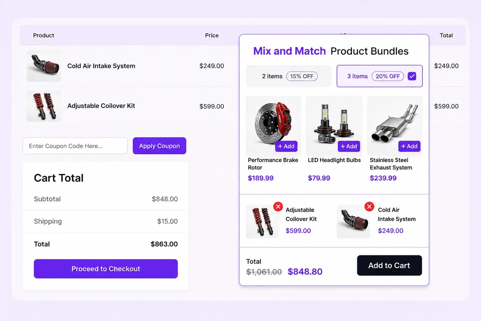 Cart page with mix and match bundle suggestions