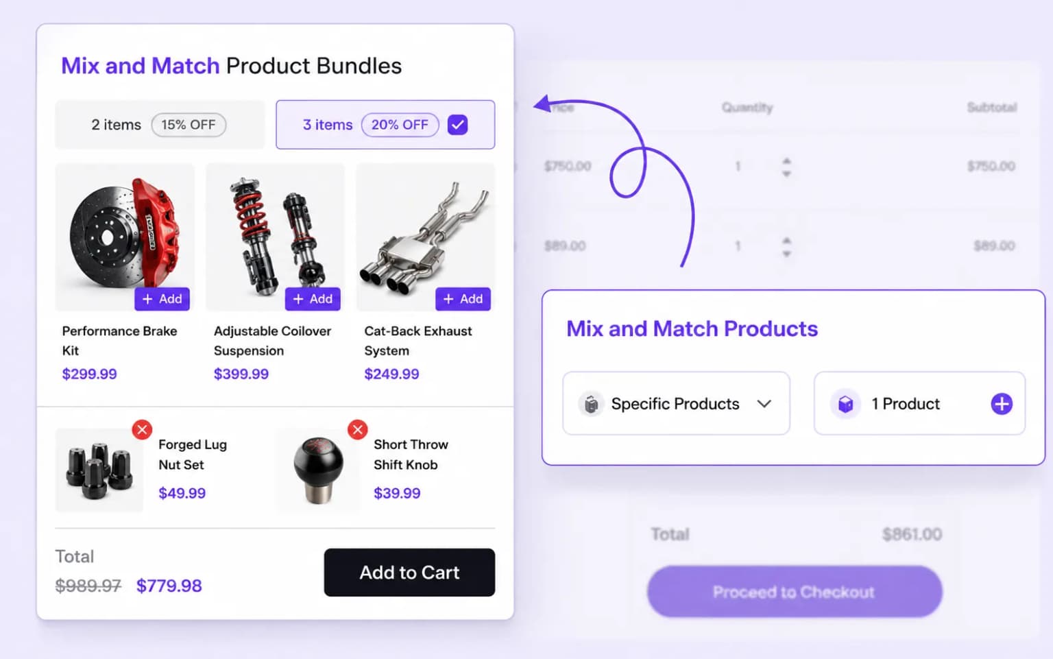Mix and match product selection interface