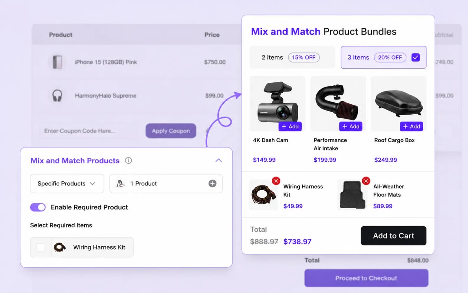 Pre-selected items in mix and match bundle