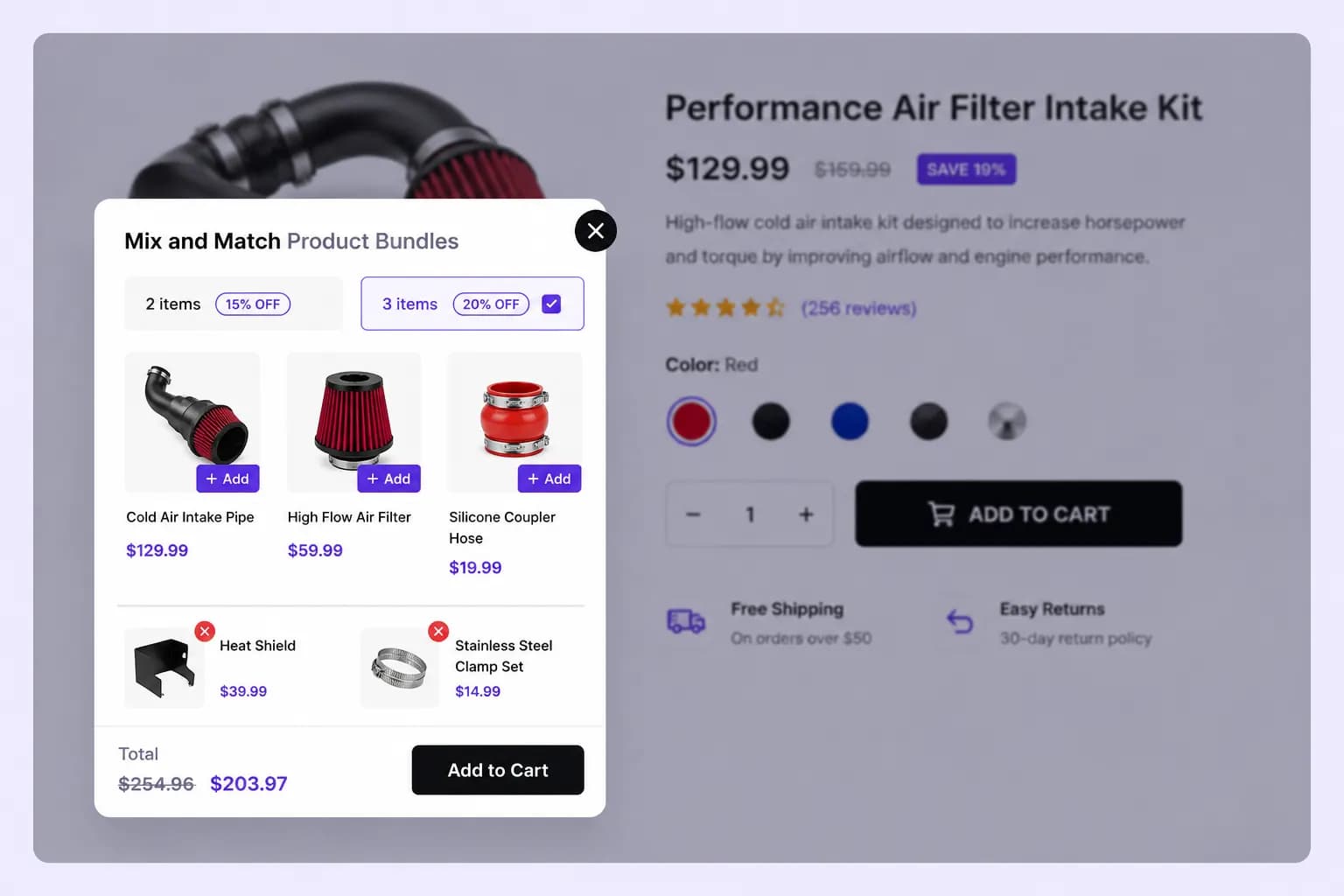 Mix and match bundle displayed as floating widget