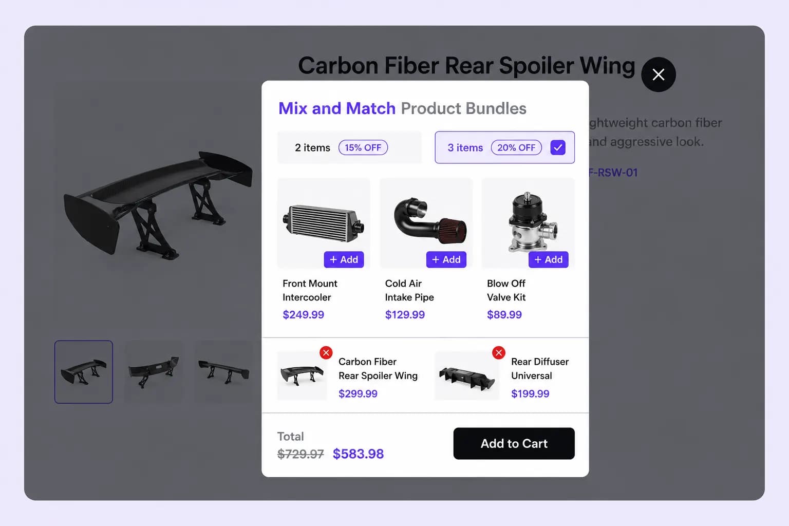 Mix and match bundle displayed as popup