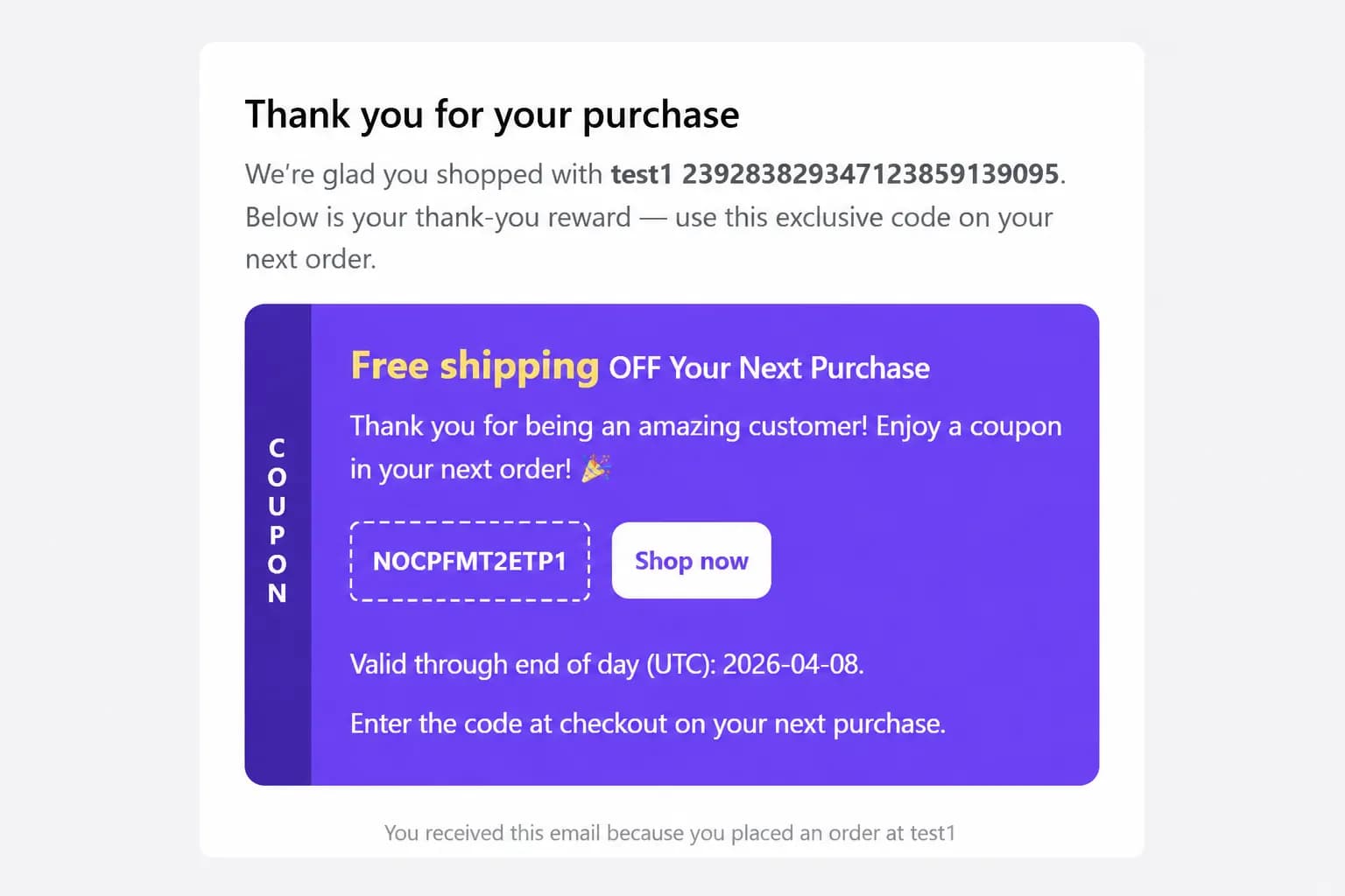 Next order coupon inside Shopify order confirmation email