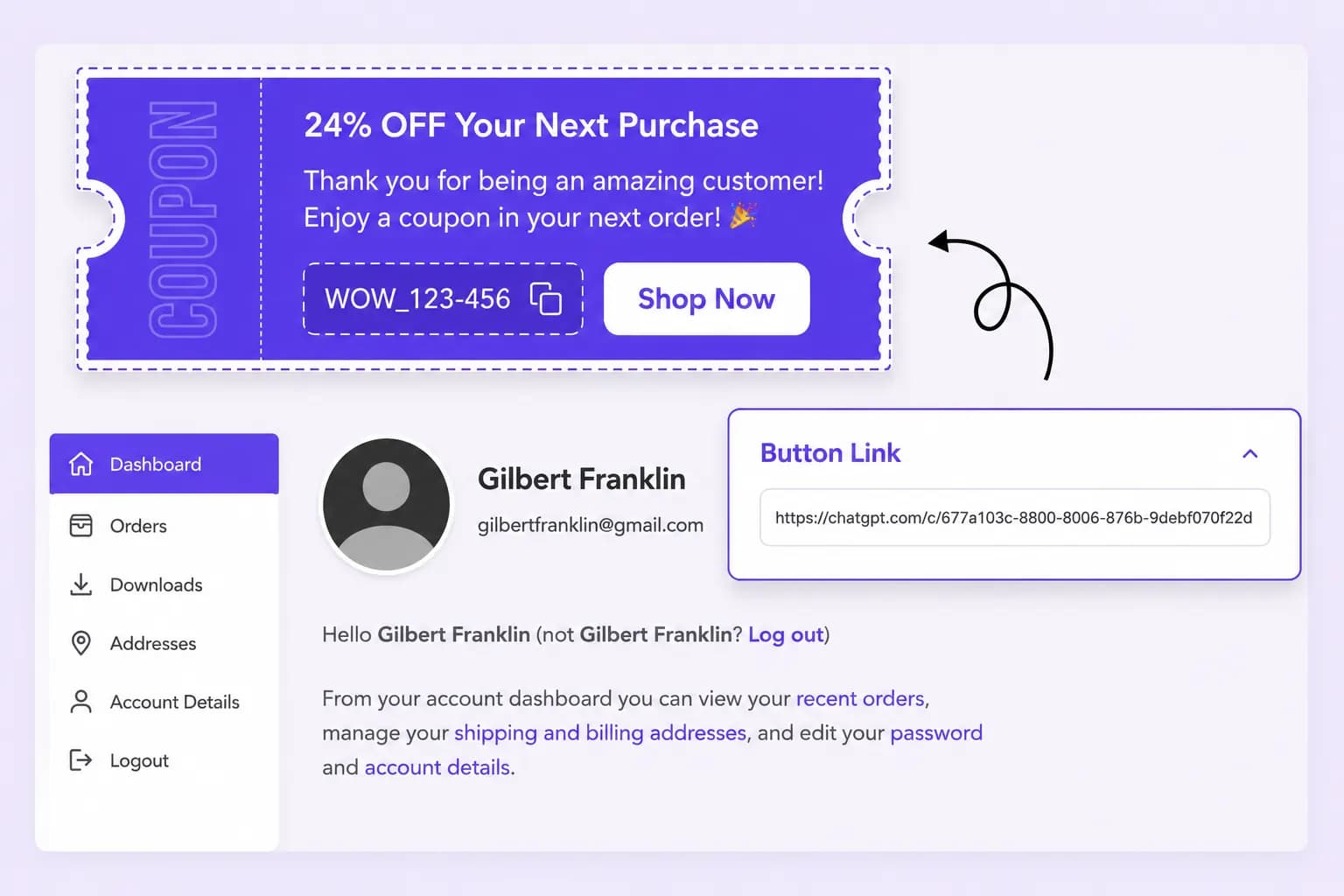 Call-to-action button on next-order coupon