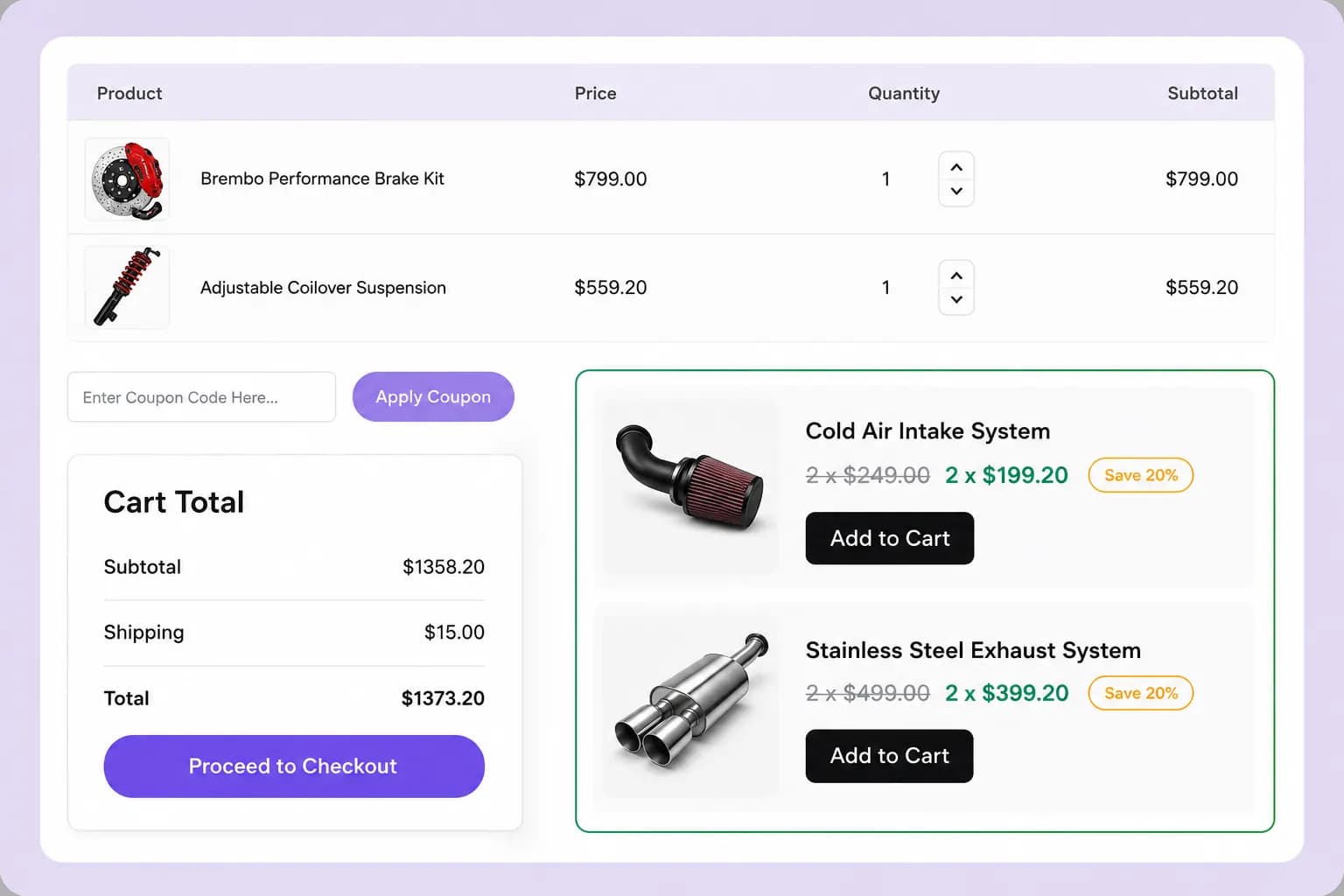 Cart page with discount campaign showing save 20% on suggested products