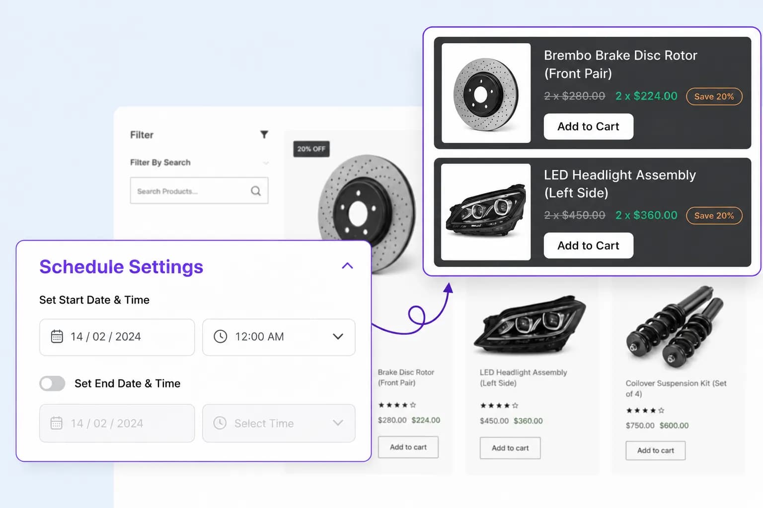 Schedule settings with start and end date pickers