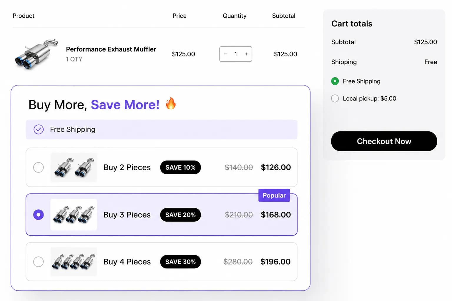 Cart page with quantity discount campaign showing tiered savings