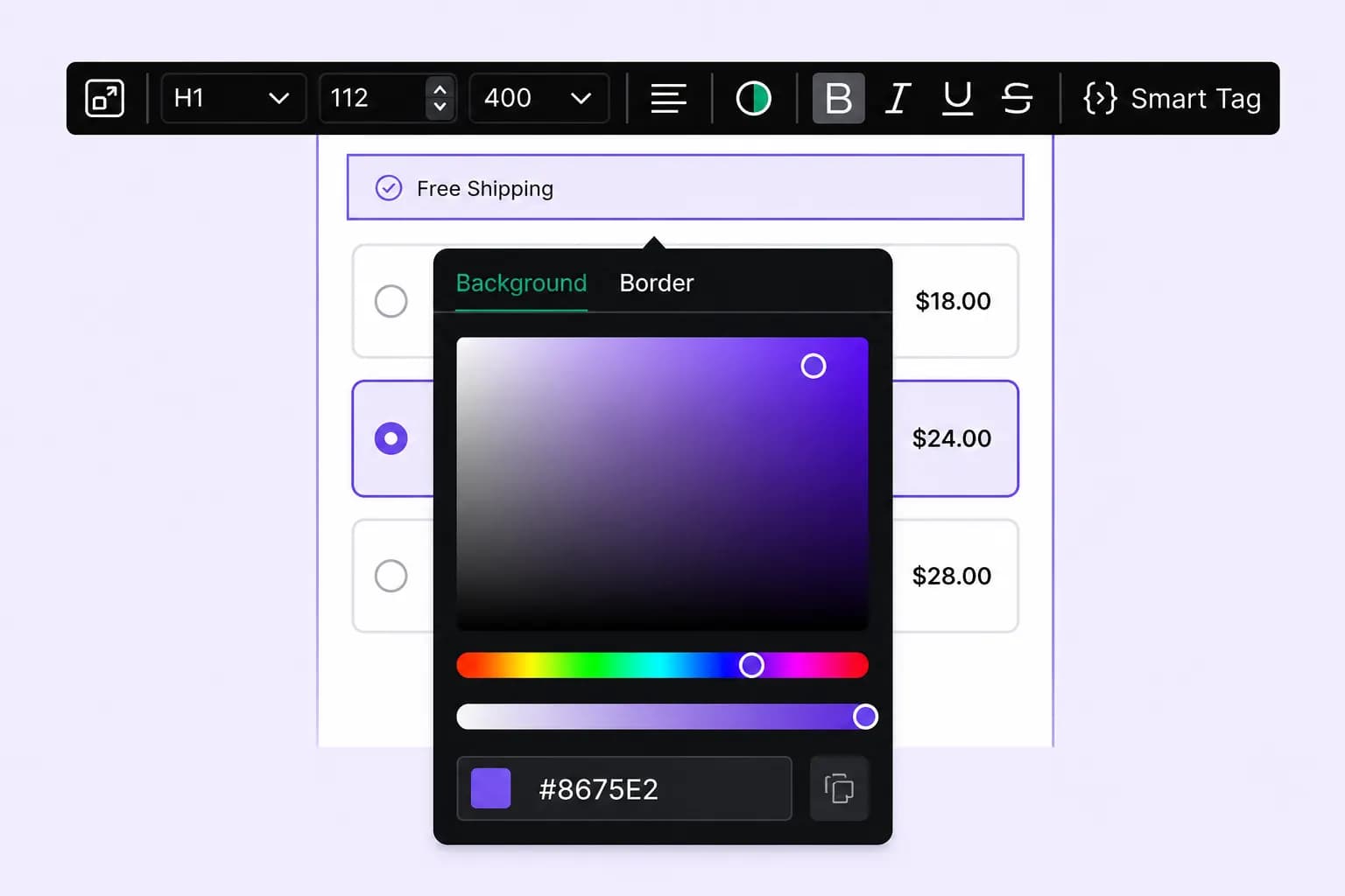 Color picker customizing the appearance of a bulk discount campaign