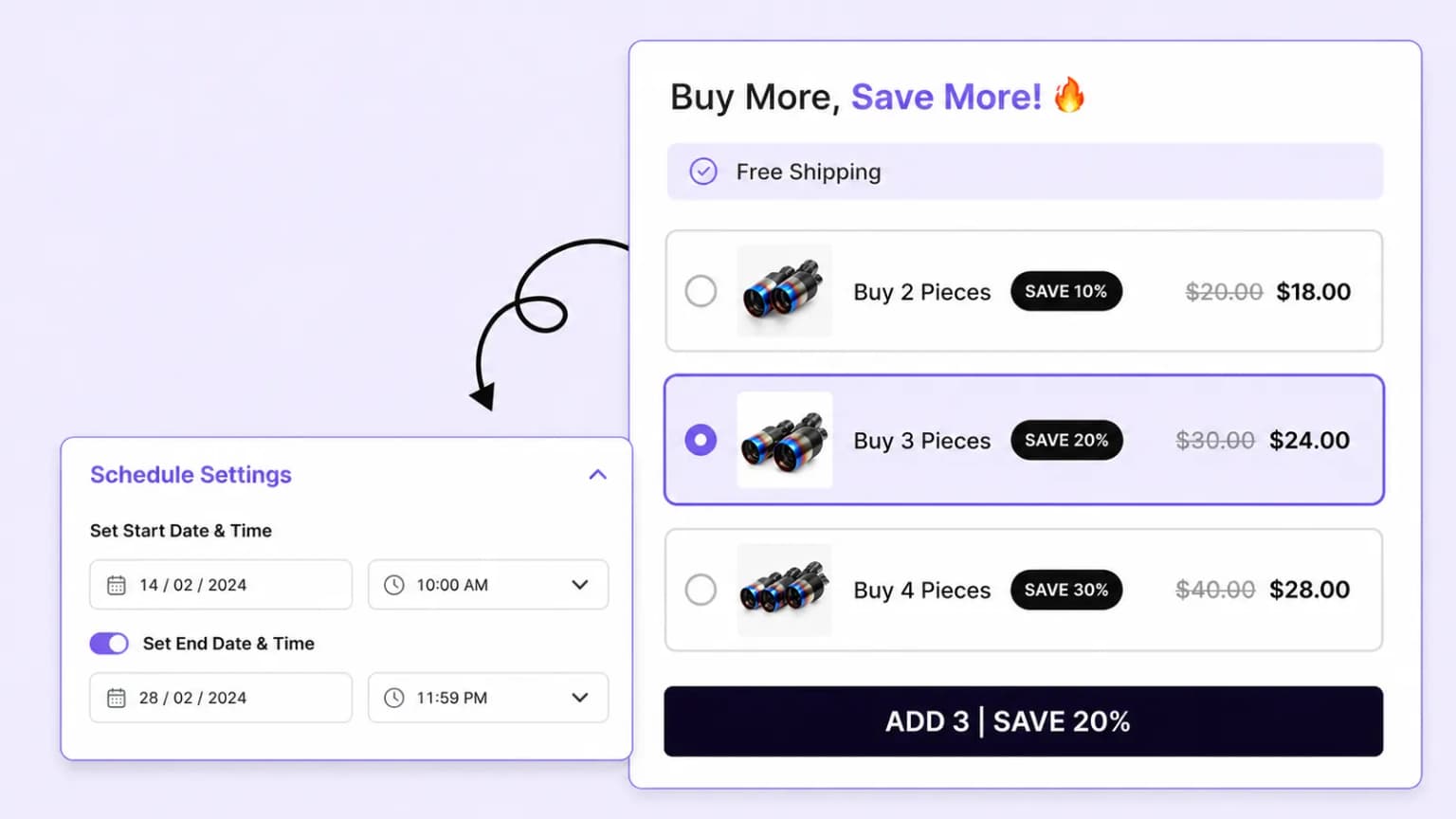 Schedule settings with start and end date pickers for bulk discount campaign