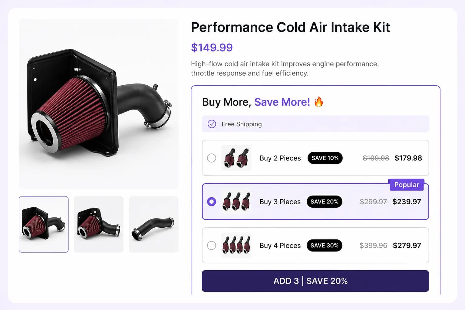 In-page bulk discount embedded on a Shopify product page