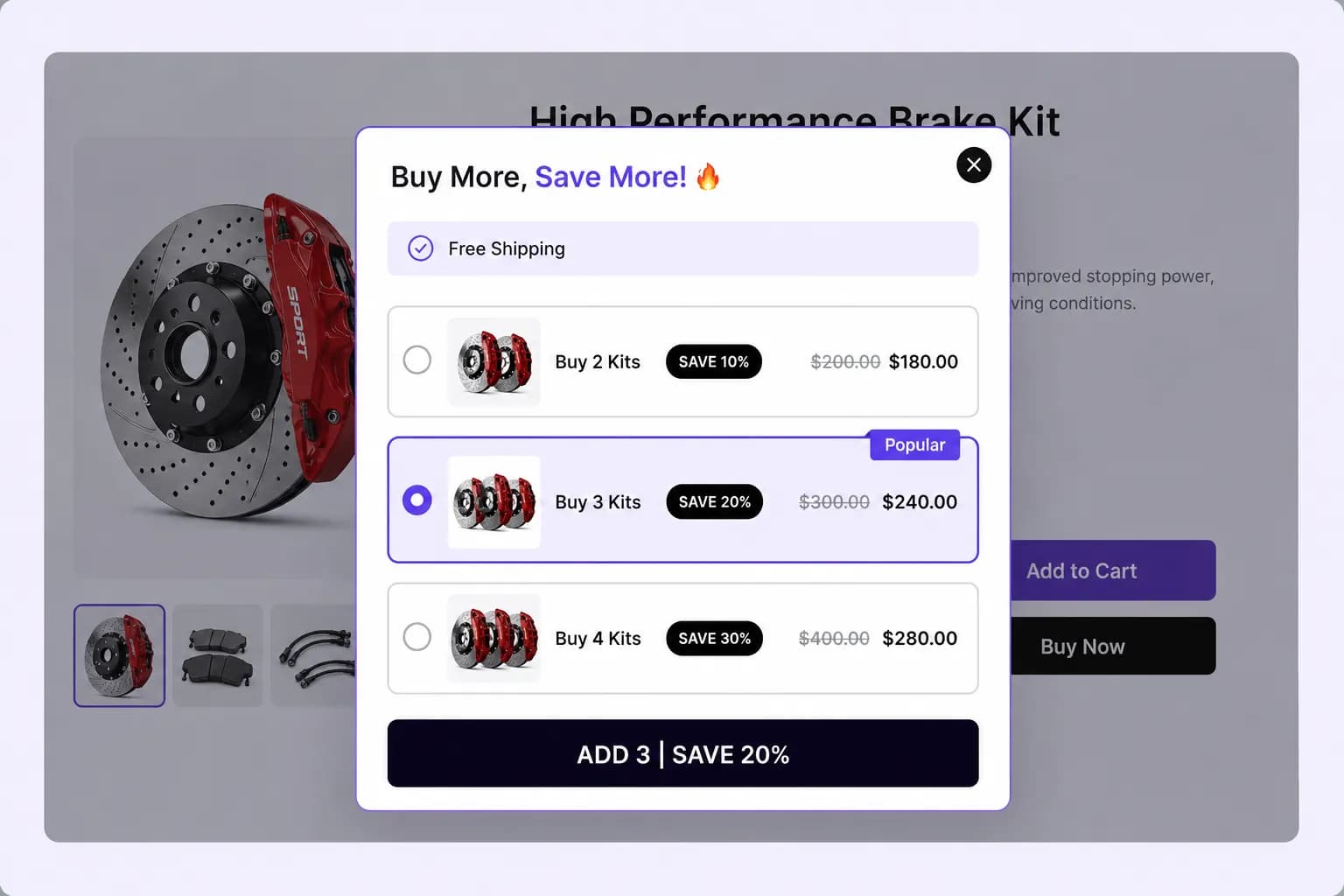 Popup bulk discount overlay on a Shopify storefront