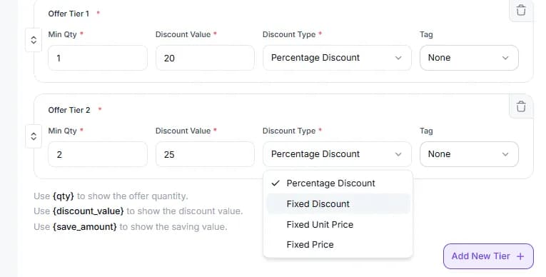 Offer tiers, minimum quantity, discount value, and discount type per row