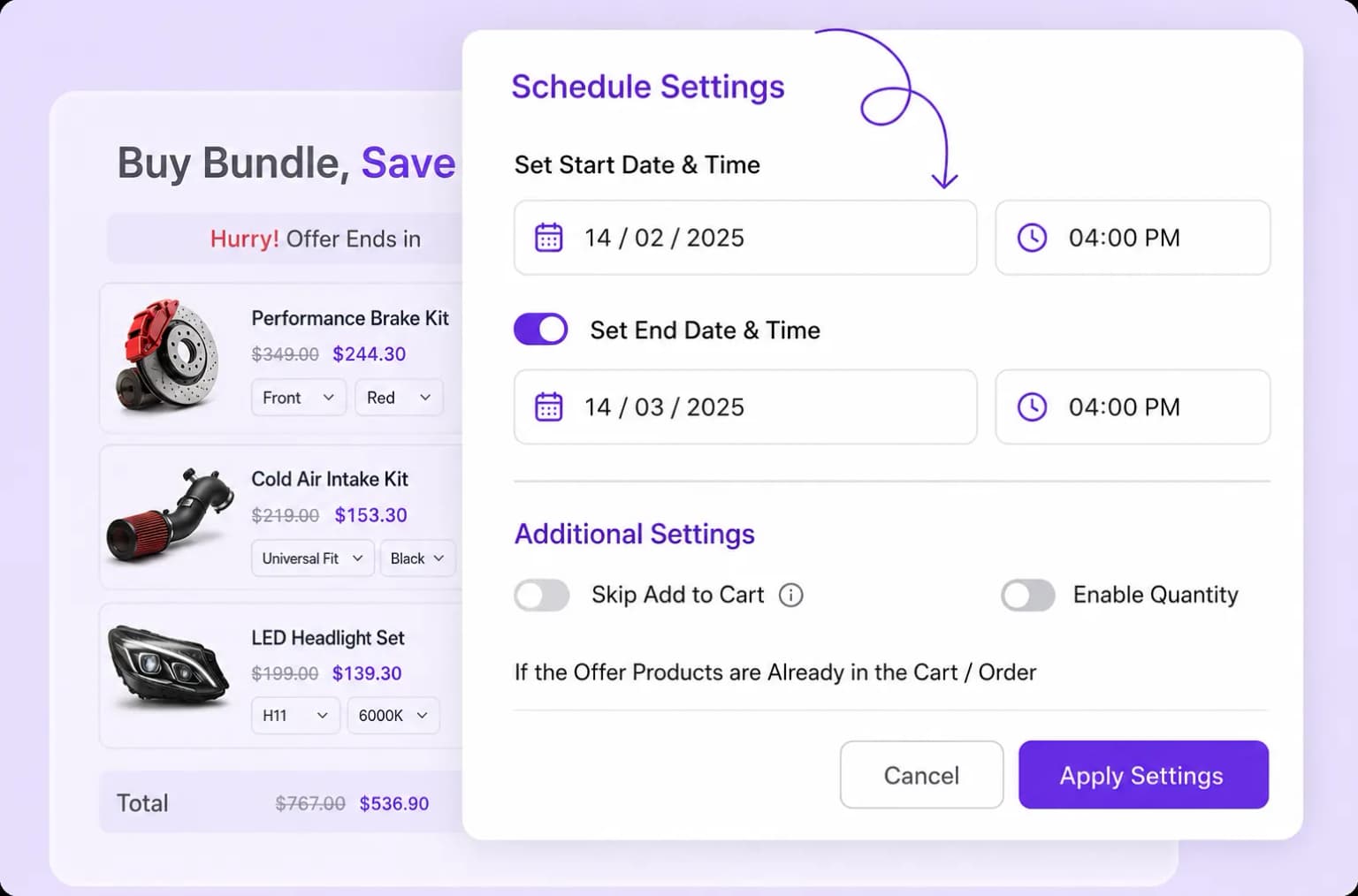 Schedule campaigns settings with start and end date pickers