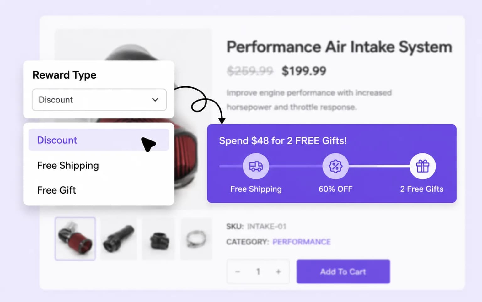 Reward type selector with discount, free shipping, and free gift