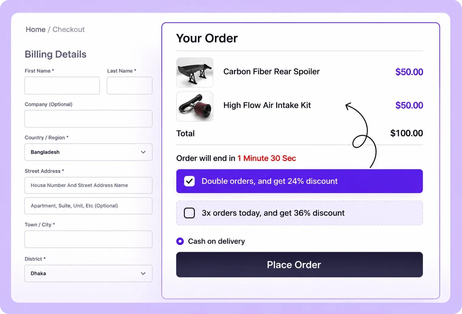 Example checkout order summary with bundle upsell checkboxes