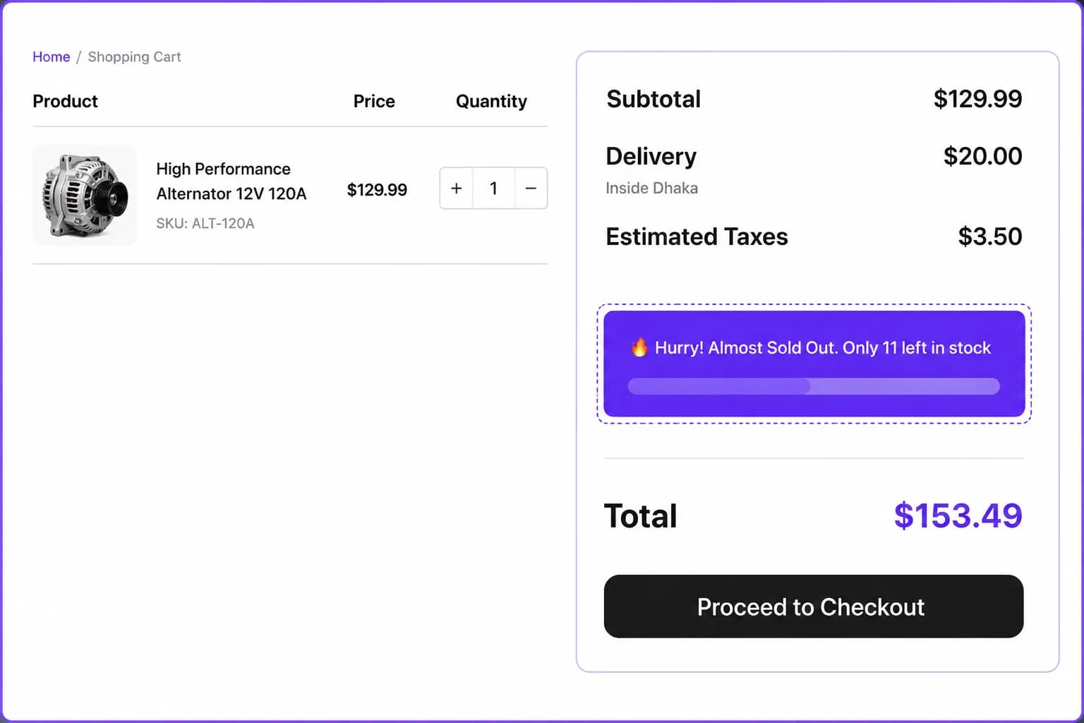 Stock scarcity alert on cart page