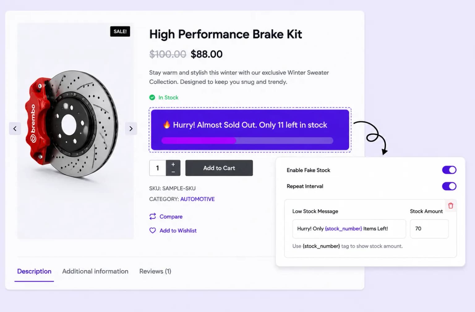 Fake stock counter creating urgency on a product page