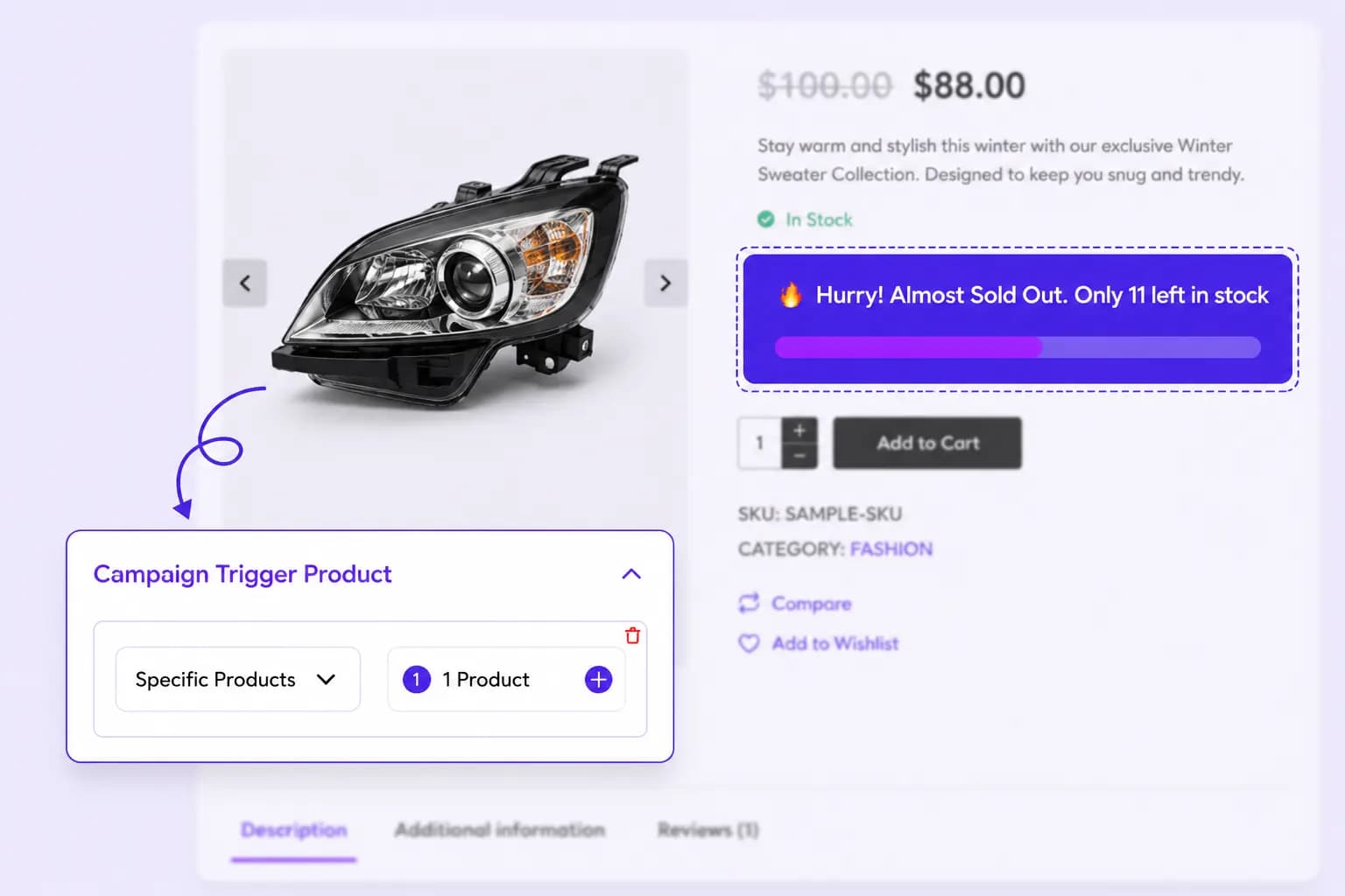 Trigger product selector for scarcity alerts