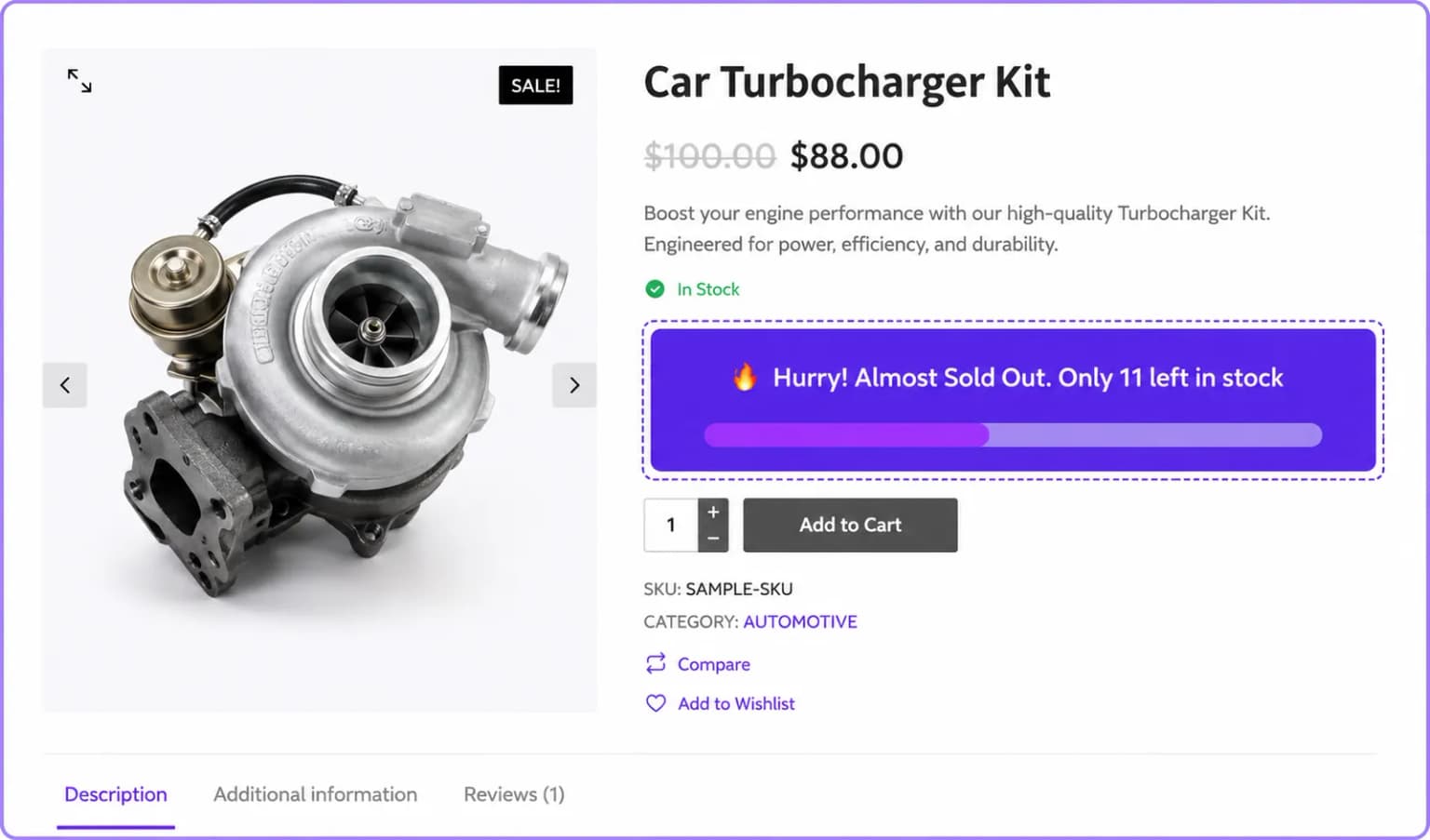 Stock scarcity alert on product page
